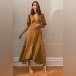JENNY YOO Mustard Brown Yellow V-Neck Button Front Dress Party Wedding 16 Event